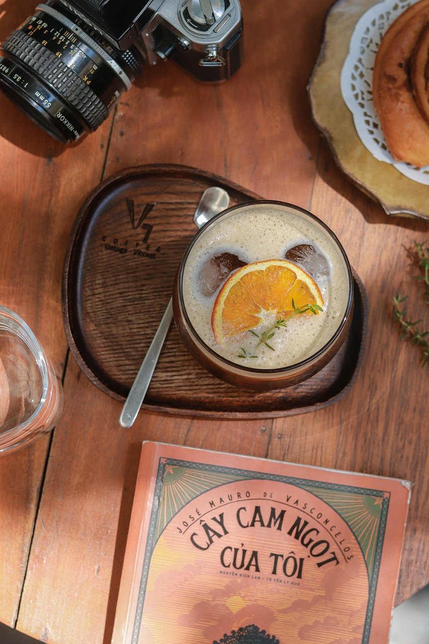 drink, book, orange, food stylist, flat lay, food, camera