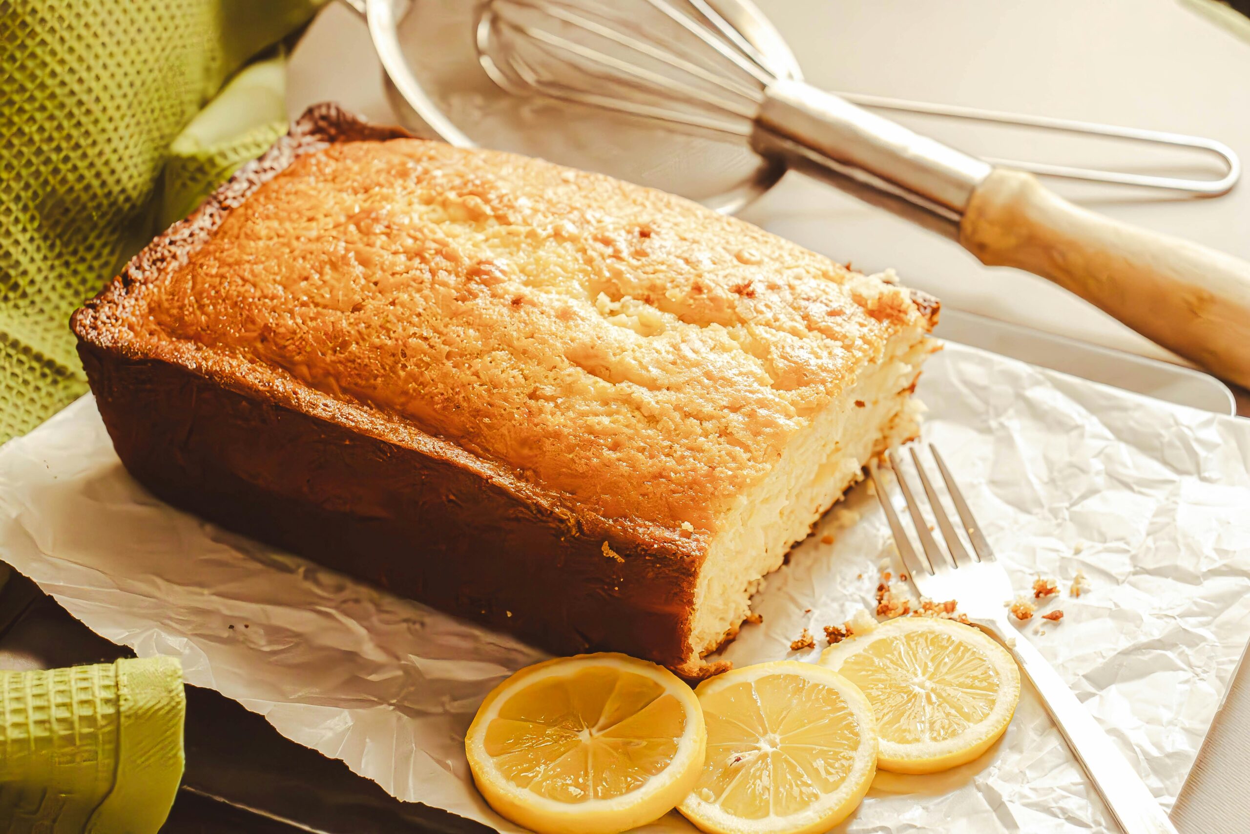 A scrumptious homemade lemon cake accompanied by fresh lemon slices, perfect for dessert lovers.