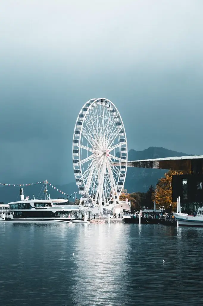 river, ferris wheel, buildings, camper, van, camping, cities, city, europe, explore, adventure