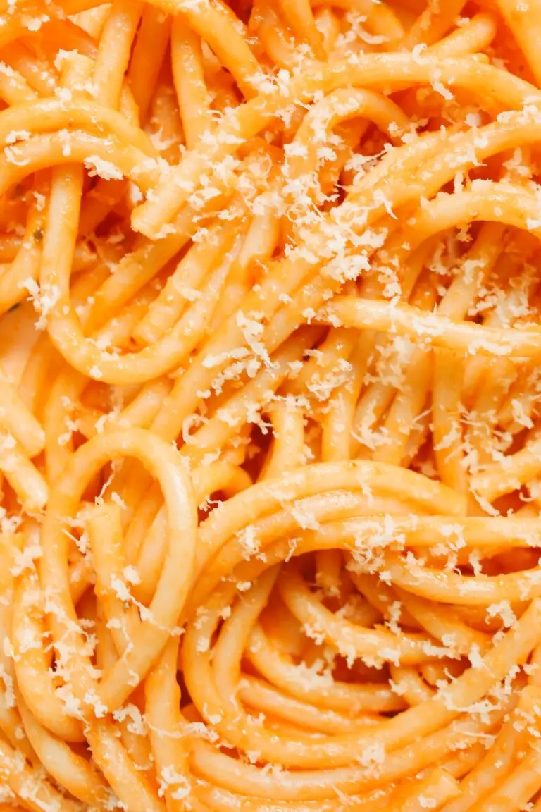 Close-up view of freshly cooked spaghetti topped with grated cheese, showcasing rich texture and color.